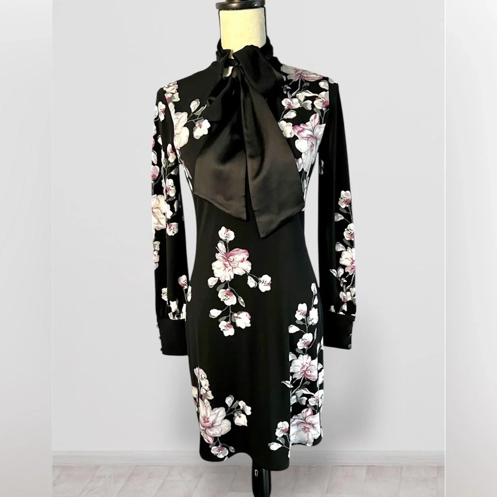 White House Black Market LS MJ w Tie Chemise Delphinium Placed Black Dress - Picture 1 of 9